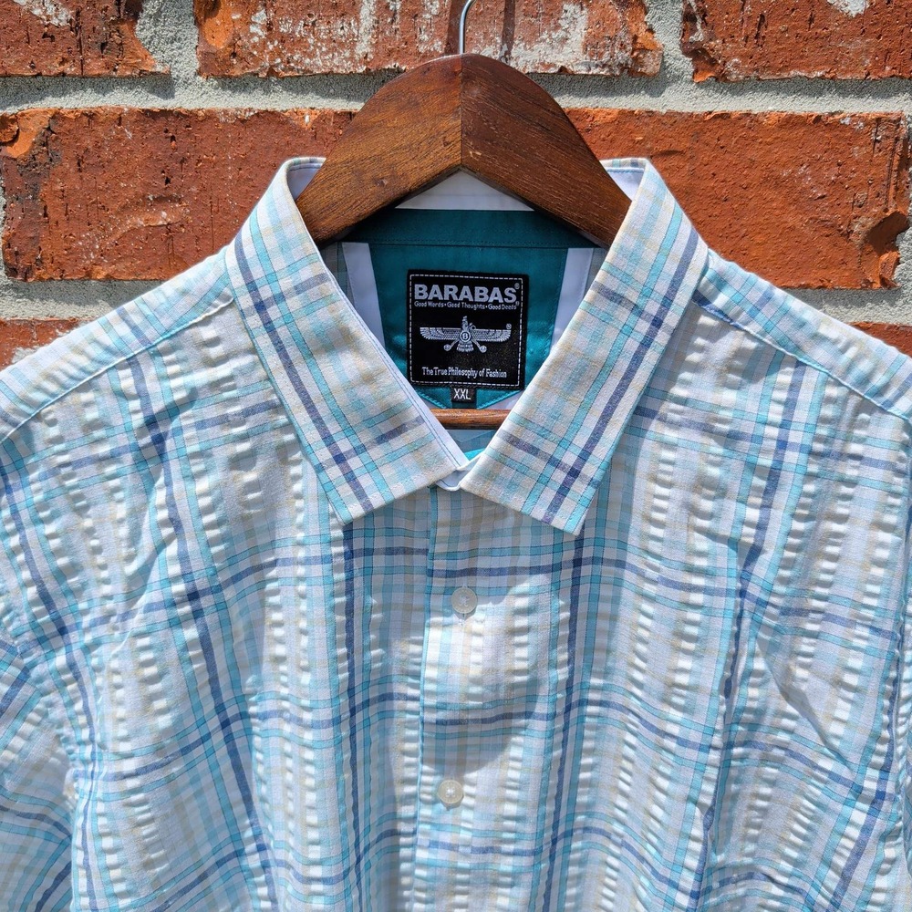 Barabas Button Down Shirt Mens XXL Blue Plaid Short Sleeve Textured Seersucker‎